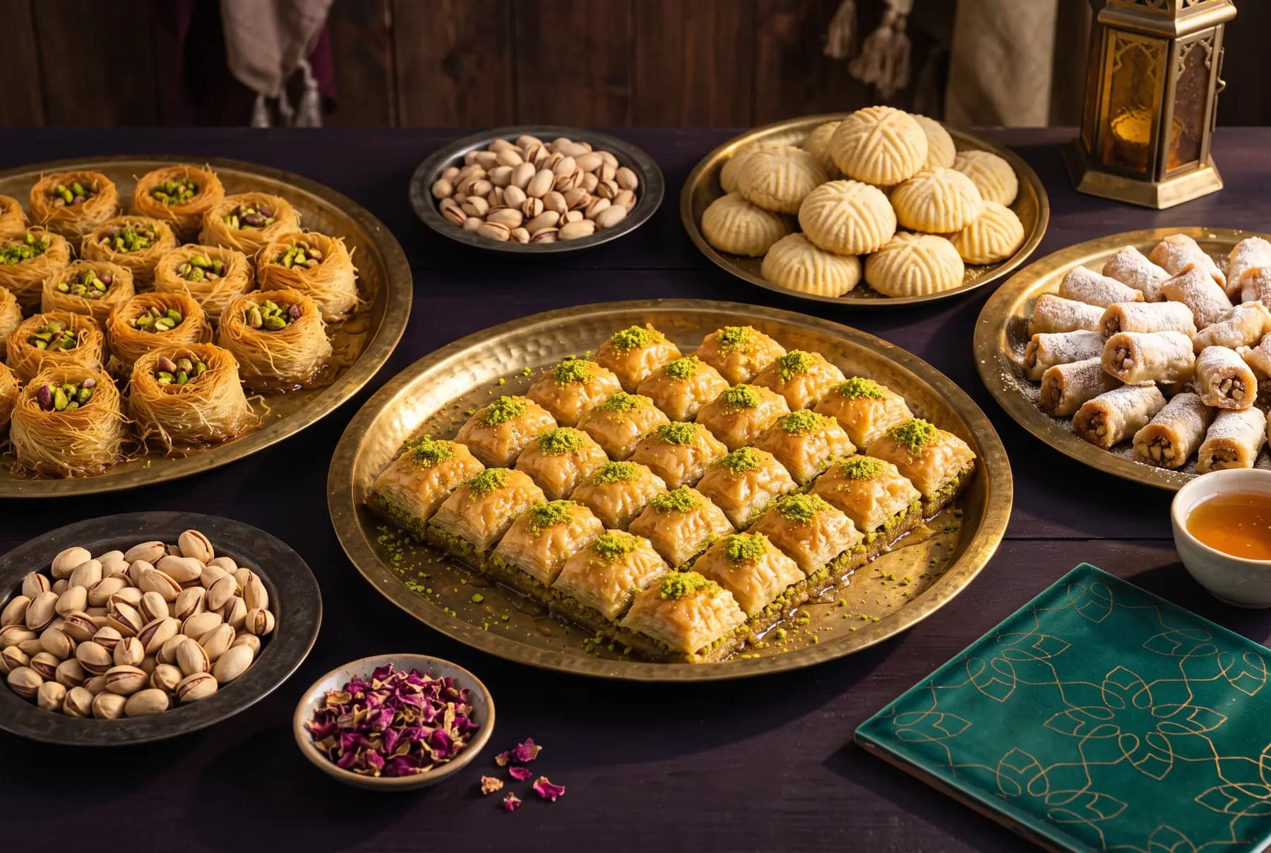 Symbolbild: orientalische Süßigkeiten auf Messingtabletts — Baklava mit Pistazien, Mürbegebäck und Nussröllchen.
